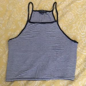 Black and White Striped High Neck Crop Top